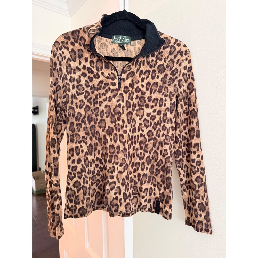 Lauren Active Ralph Lauren Leopard Print Quarter Zip Waffle Knit Pullover Top L